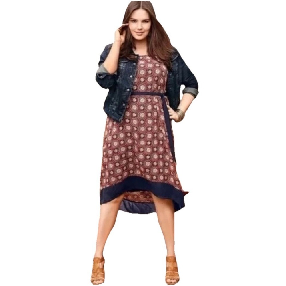 Lane Bryant Women's Hi-Low Dress Boho Chiffon Straps Medallion Rust/Navy